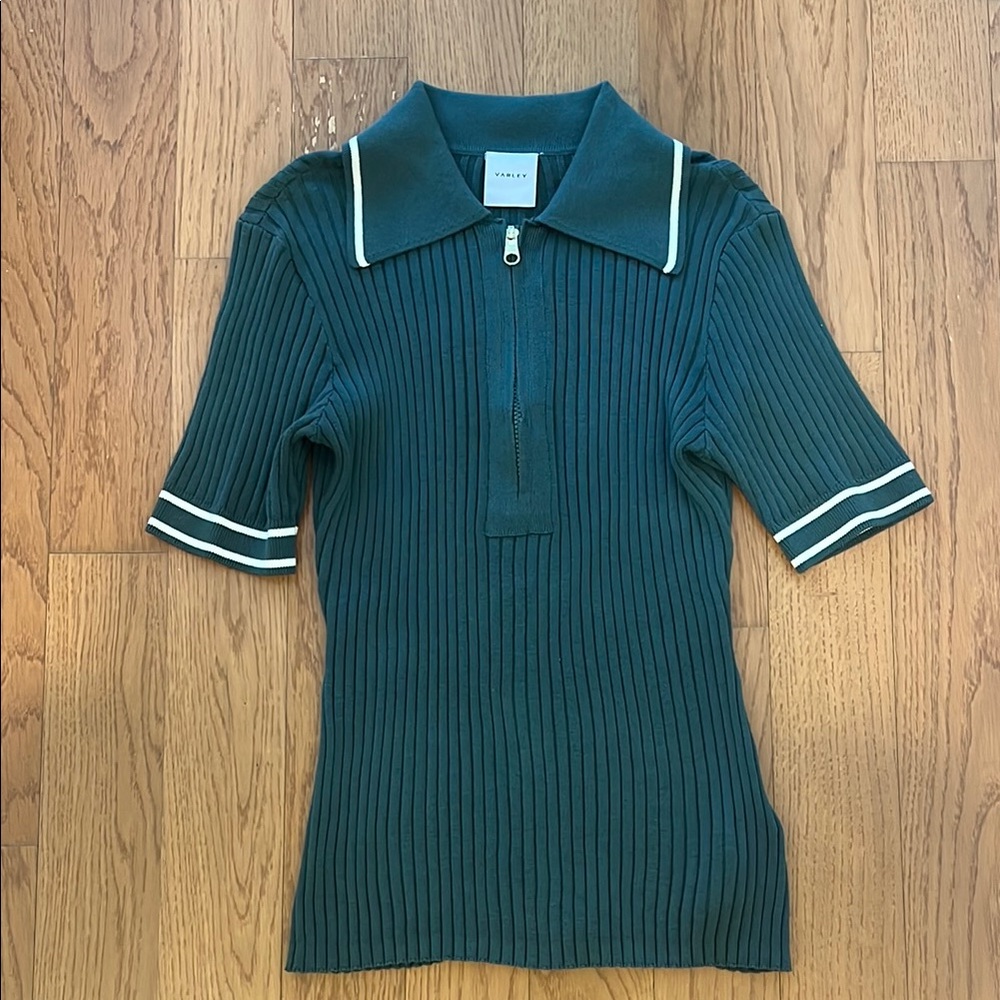 Varley Green Ribbed Polo Shirt with Ivory Trim - Small